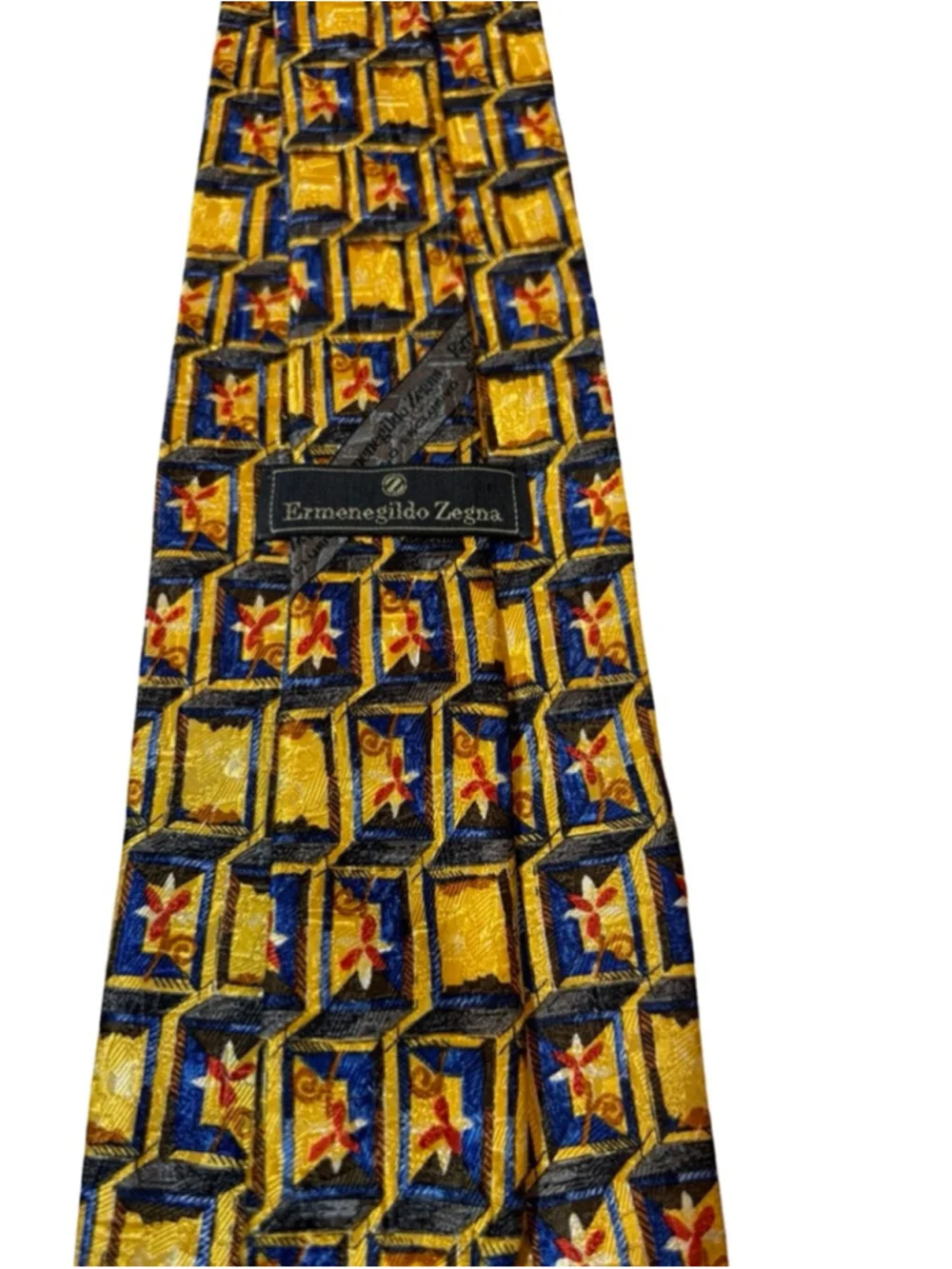 Ermenegildo Zegna Silk Tie Gold Blue Geometric Novelty Print Made Italy